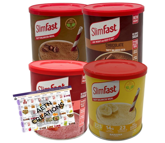 Slim Fast Best Sellers Pack of 4 Tubs Meal Replacement Shakes with Meal Planner Chocolate, Strawberry, Café Latte & Banana, High-Protein, Low-Calorie Diet Shake
