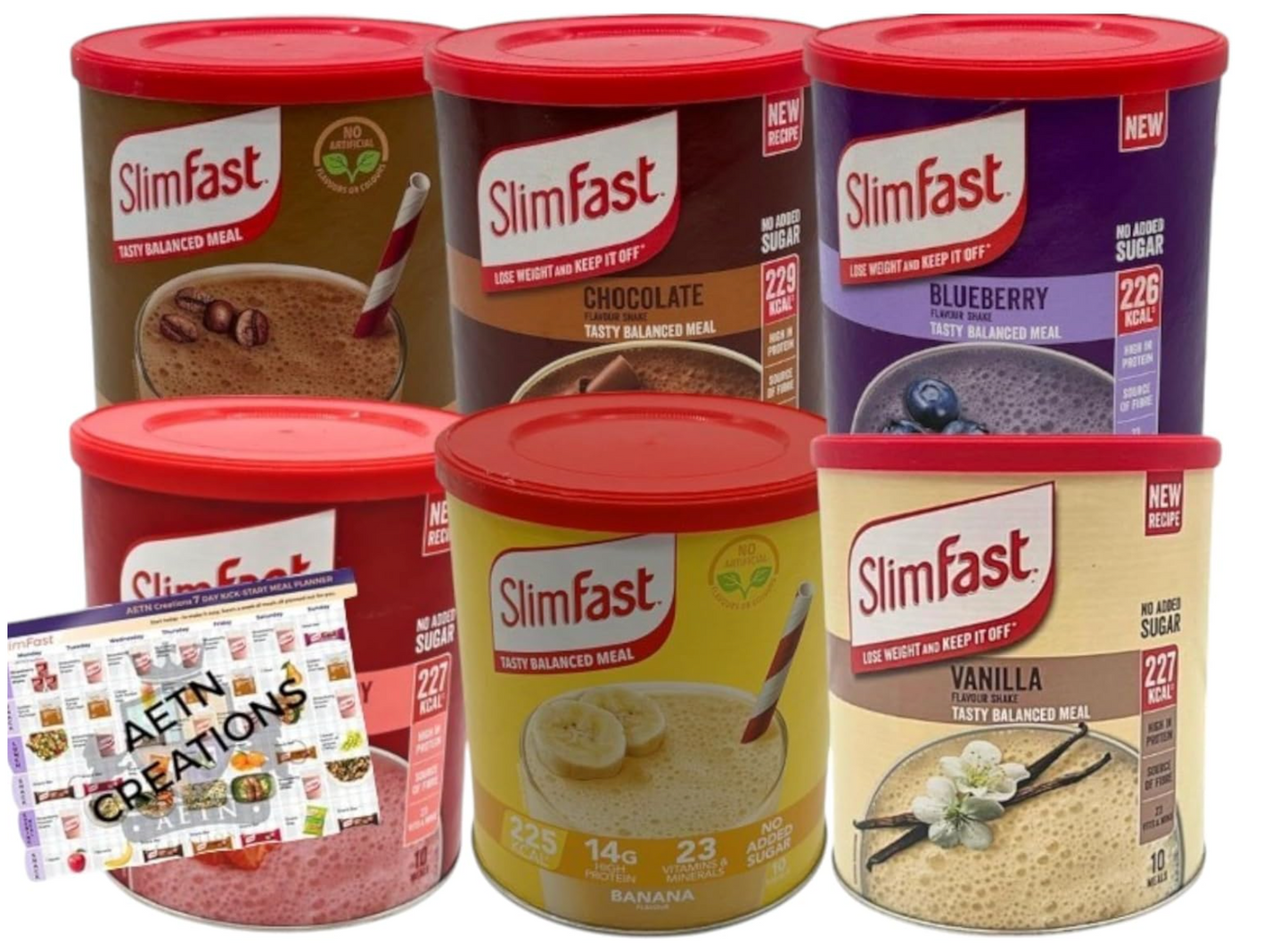 Slim Fast Best Sellers 6 Tubs of Meal Replacement Shakes + Meal Planner | Chocolate, Strawberry, Café Latte, Banana, Vanilla & Blueberry | High-Protein Diet Shake Pack