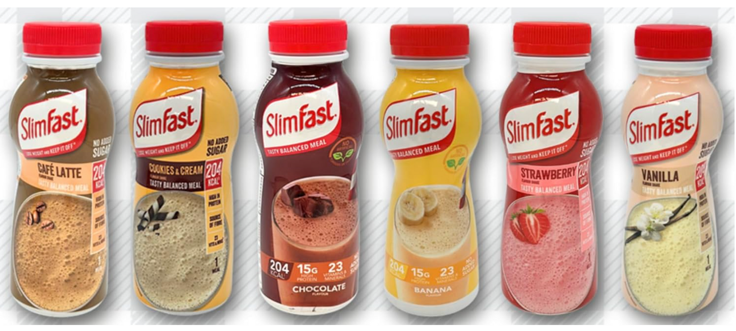 6 Ready-To-Drink Slim Fast Shakes Weightloss Bundle with Tape Measure - Chocolate, Strawberry, Vanilla, Banana, Cookies & Cream, Café Latte