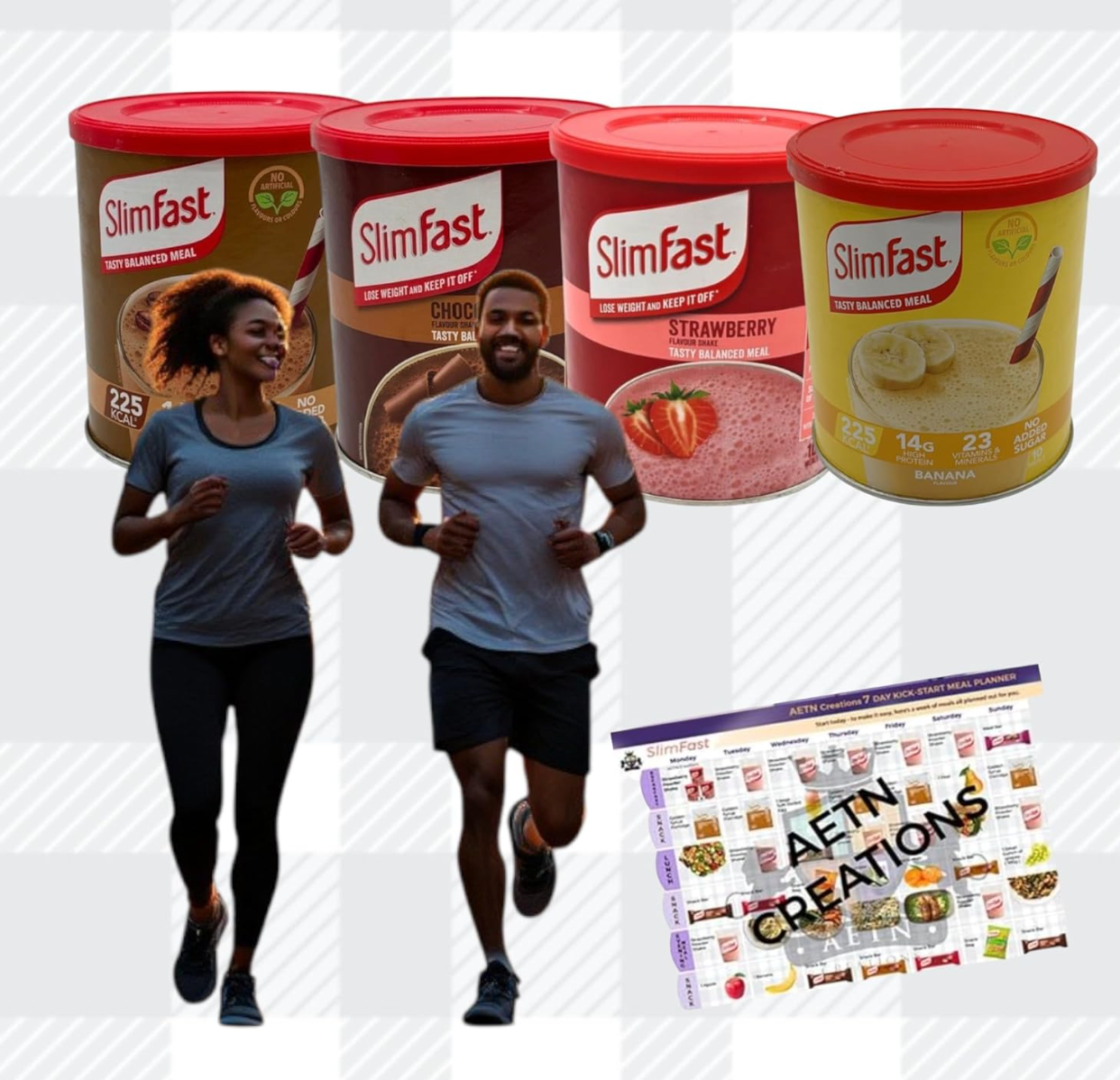 Slim Fast Best Sellers Pack of 4 Tubs Meal Replacement Shakes with Meal Planner Chocolate, Strawberry, Café Latte & Banana, High-Protein, Low-Calorie Diet Shake