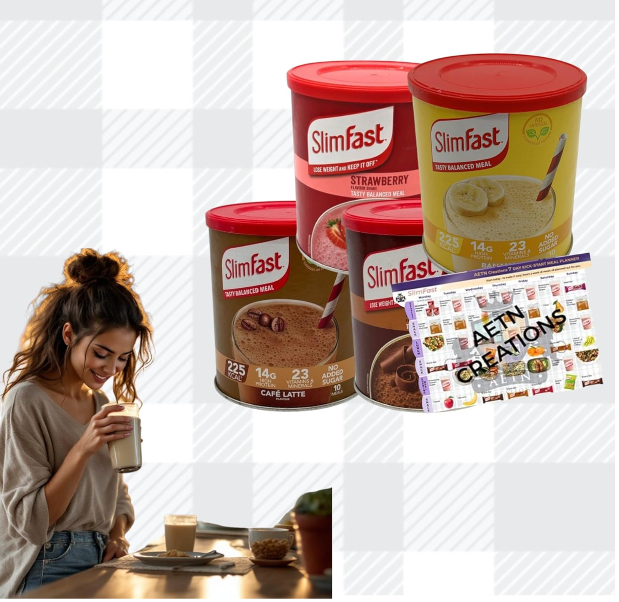 Slim Fast Best Sellers Pack of 4 Tubs Meal Replacement Shakes with Meal Planner Chocolate, Strawberry, Café Latte & Banana, High-Protein, Low-Calorie Diet Shake