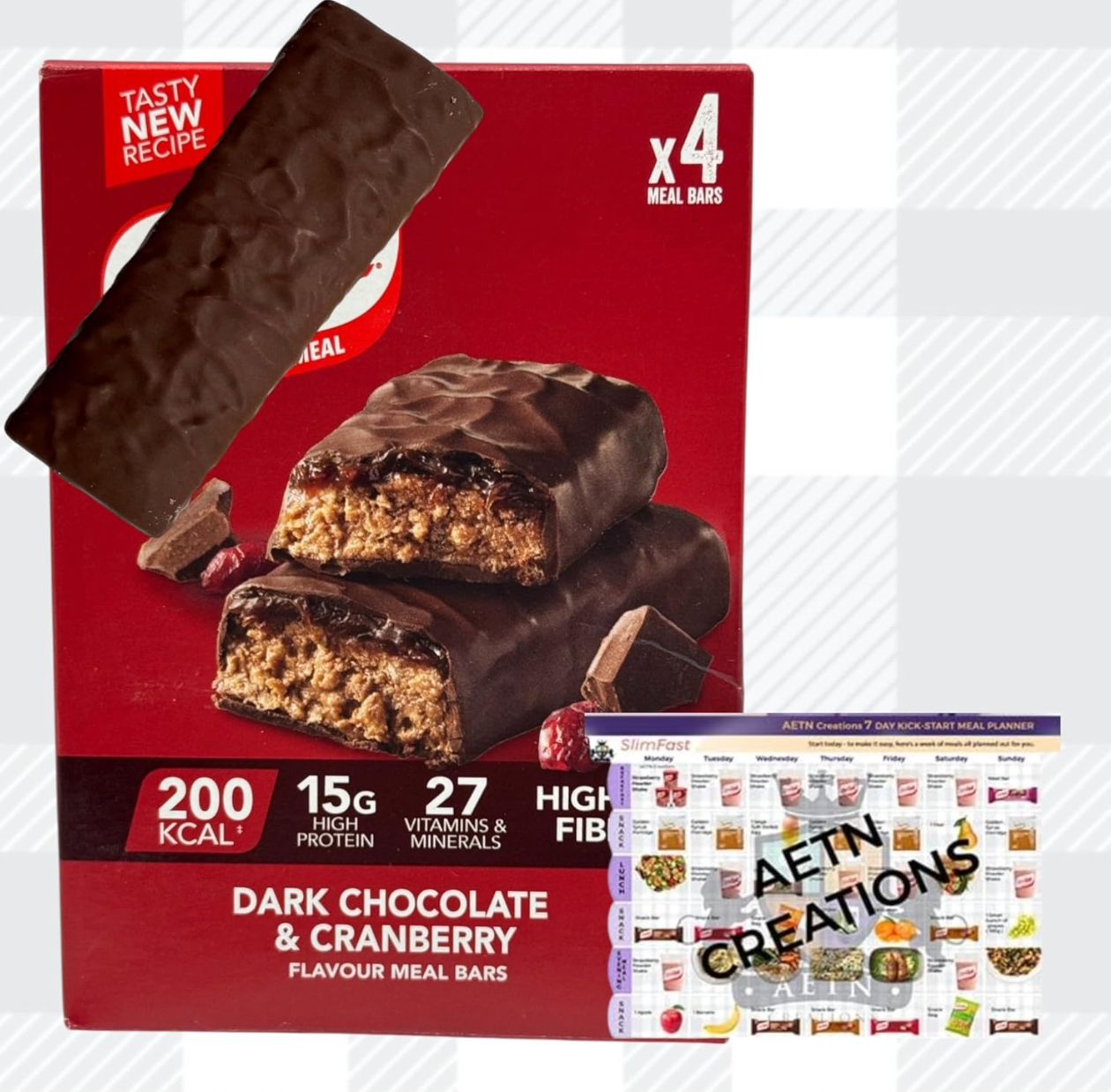SlimFast Meal Replacement Bars Dark Chocolate Cranberry, 4x60g – Low Calorie, High Protein and Fibre Meal Bars for Weight Loss Diet with Meal Planner