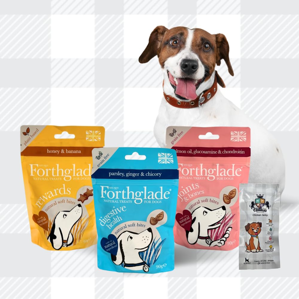 AETN Creations Forthglade Natural Dog Variety Treats - 3x90g Grain Free Soft Bites for Digestive Health, Joints, Training, with AETN Chicken Jerky Treat