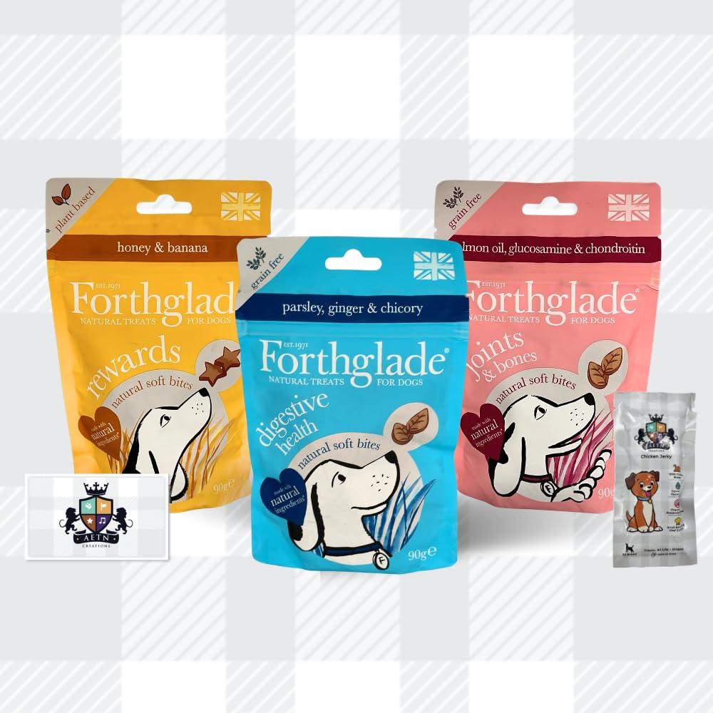 AETN Creations Forthglade Natural Dog Variety Treats - 3x90g Grain Free Soft Bites for Digestive Health, Joints, Training, with AETN Chicken Jerky Treat