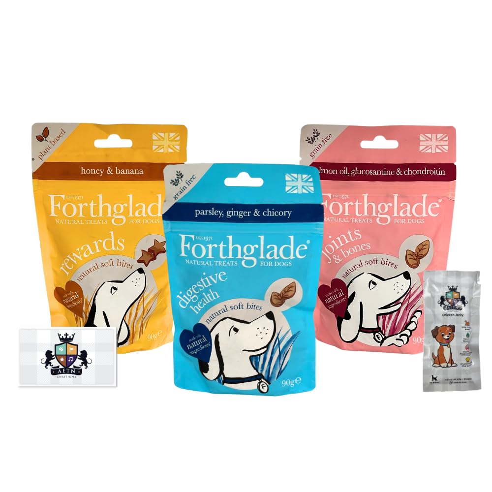 AETN Creations Forthglade Natural Dog Variety Treats - 3x90g Grain Free Soft Bites for Digestive Health, Joints, Training, with AETN Chicken Jerky Treat
