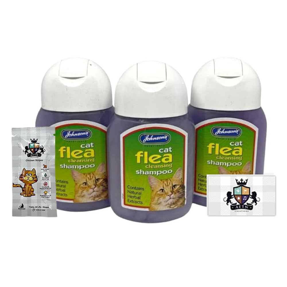 Cat Flea Shampoo Bundle of 3x125ml Johnson Flea Cleansing Shampoo for Cat's and AETN Creations Chicken Cat Treat