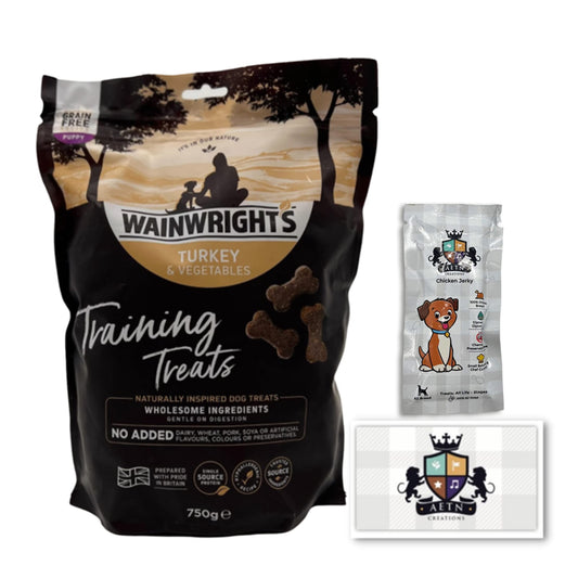 AETN Creations Grain Free Puppy Training Dog Treats 750g in Turkey and Veg Hypo-Allergenic Snack for Puppies from Wainwrights with AETN Jerky Treat