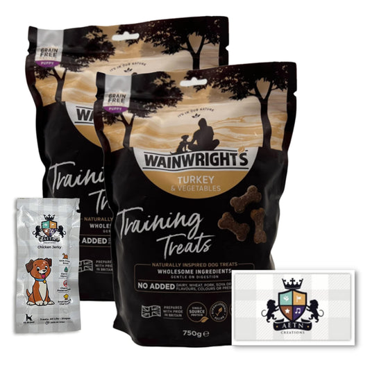 AETN Creations Grain Free Puppy Training Dog Treat Pack 2x750g Turkey and Vegetables Hypo-Allergenic Snack from Wainwrights with AETN Jerky Treat Nutritious, Delicious, Easily Digested