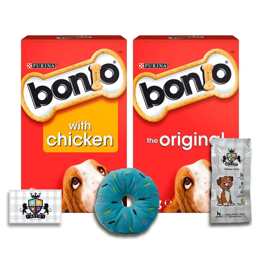 Bonio Mix 2x650g Original and Chicken Wholesome Nutrition, Irresistible Taste Low Fat Dog Biscuits with AETN Jerky Treat and Plush Doughnut Toy