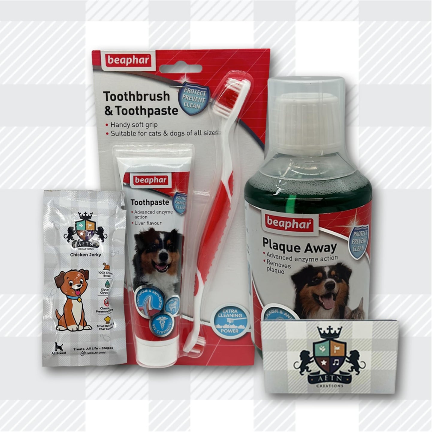 Dog Dental Care Pack, Toothpaste, Toothbrush, Plaque Away Mouthwash Jerky Treat, Oral Hygiene