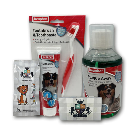 Dog Dental Care Pack, Toothpaste, Toothbrush, Plaque Away Mouthwash Jerky Treat, Oral Hygiene