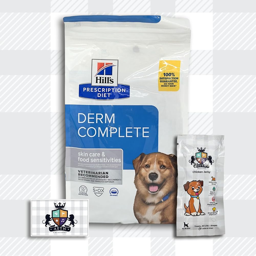 AETN Creations Diet Derm Complete Dry Dog Food 1.5kg for Canine Skin Conditions, Allergies, and Coat Care Management with AETN Chicken Jerky Treat