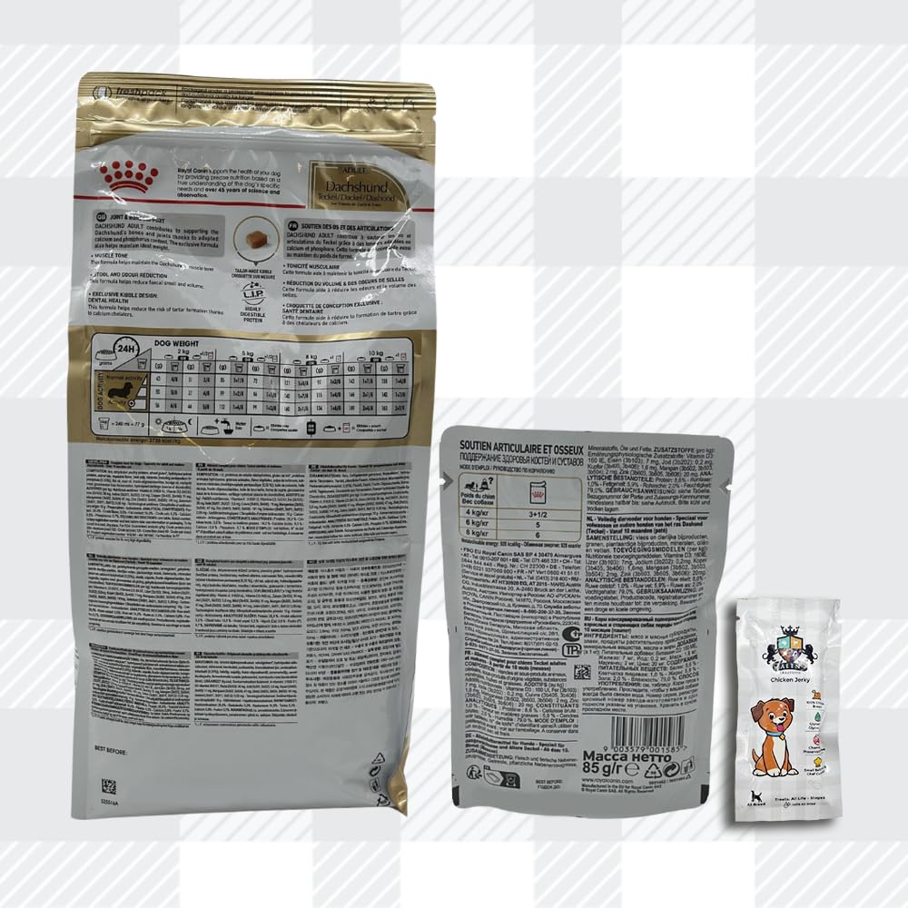 AETN Creations Complete Dachshund Care Bundle 1.5kg Dry Dog Food + 2x85g Wet Pouches with AETN Jerky Dog Treat