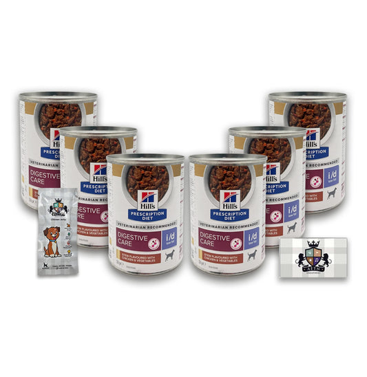 AETN Creations Bundle Prescription Diet I/D Low Fat Stew Chicken 6x354g Tins Wet Dog Food plus AETN Jerky Treat, Specially Formulated for Dogs with Digestive Problems