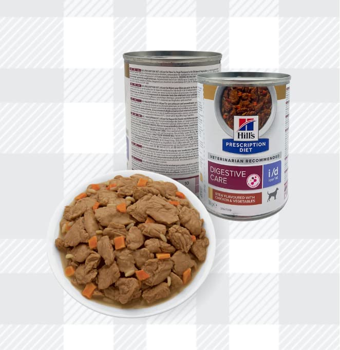 AETN Creations Bundle Prescription Diet I/D Low Fat Stew Chicken 6x354g Tins Wet Dog Food plus AETN Jerky Treat, Specially Formulated for Dogs with Digestive Problems