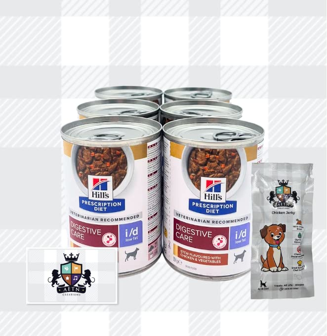 AETN Creations Bundle Prescription Diet I/D Low Fat Stew Chicken 6x354g Tins Wet Dog Food plus AETN Jerky Treat, Specially Formulated for Dogs with Digestive Problems