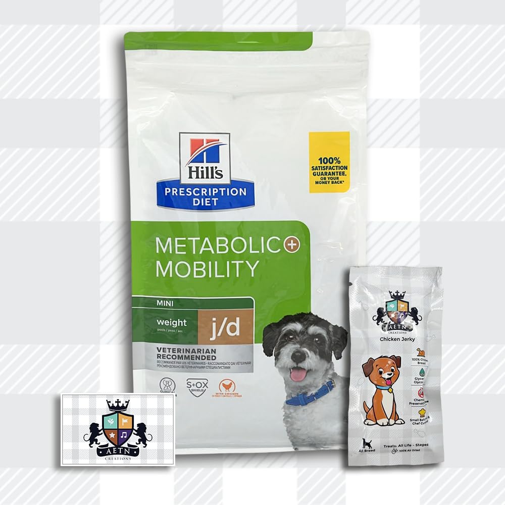 AETN Creations Dry Dog Food Diet Metabolic + Mobility j/d Mini 1kg Chicken Weight Management and Joint Health Support with AETN Chicken Jerky Treat
