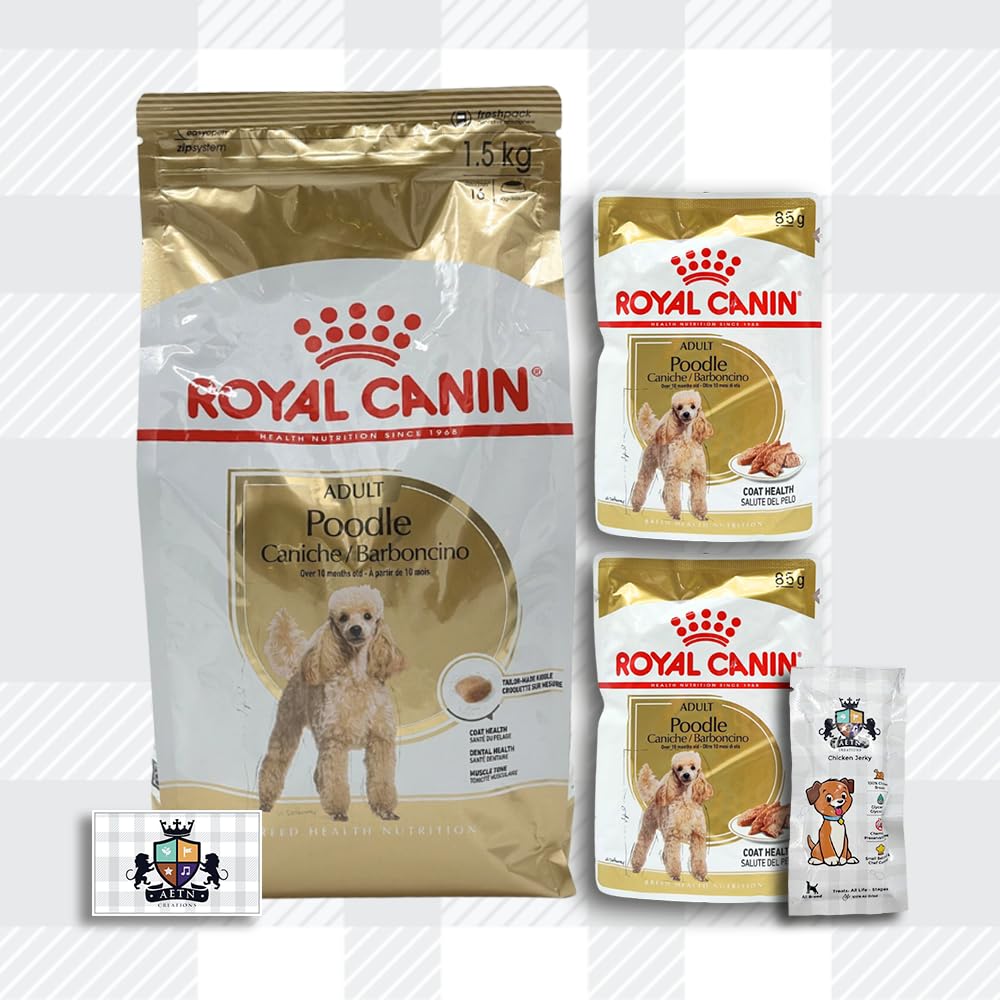AETN Creations Complete Poodle Care Bundle 1.5kg Dry Dog Food + 2x85g Wet Pouches with AETN Jerky Dog Treat