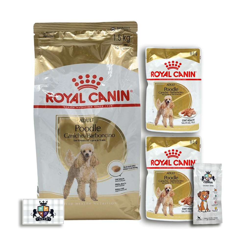 AETN Creations Complete Poodle Care Bundle 1.5kg Dry Dog Food + 2x85g Wet Pouches with AETN Jerky Dog Treat
