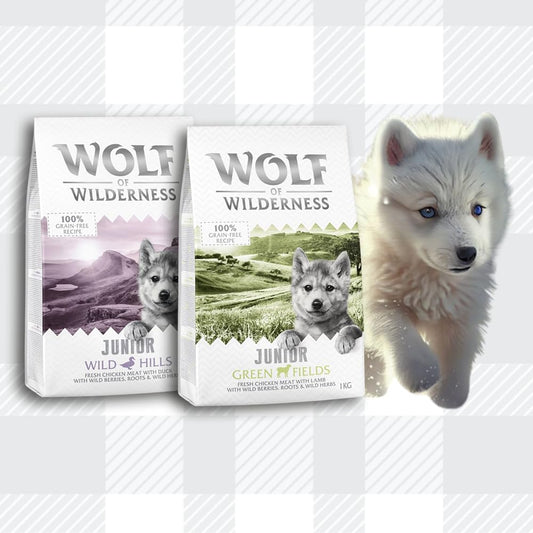 AETN Creations Junior Wolf of Wilderness Bundle 2 x 1kg in Duck and Lamb Grain-Free Puppy Food with AETN Jerky Dog Treat and Plush Doughnut Toy