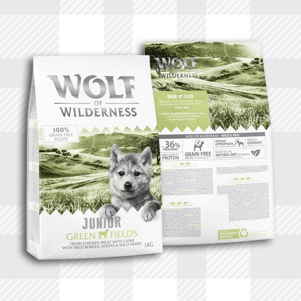AETN Creations Junior Wolf of Wilderness Bundle 2 x 1kg in Duck and Lamb Grain-Free Puppy Food with AETN Jerky Dog Treat and Plush Doughnut Toy