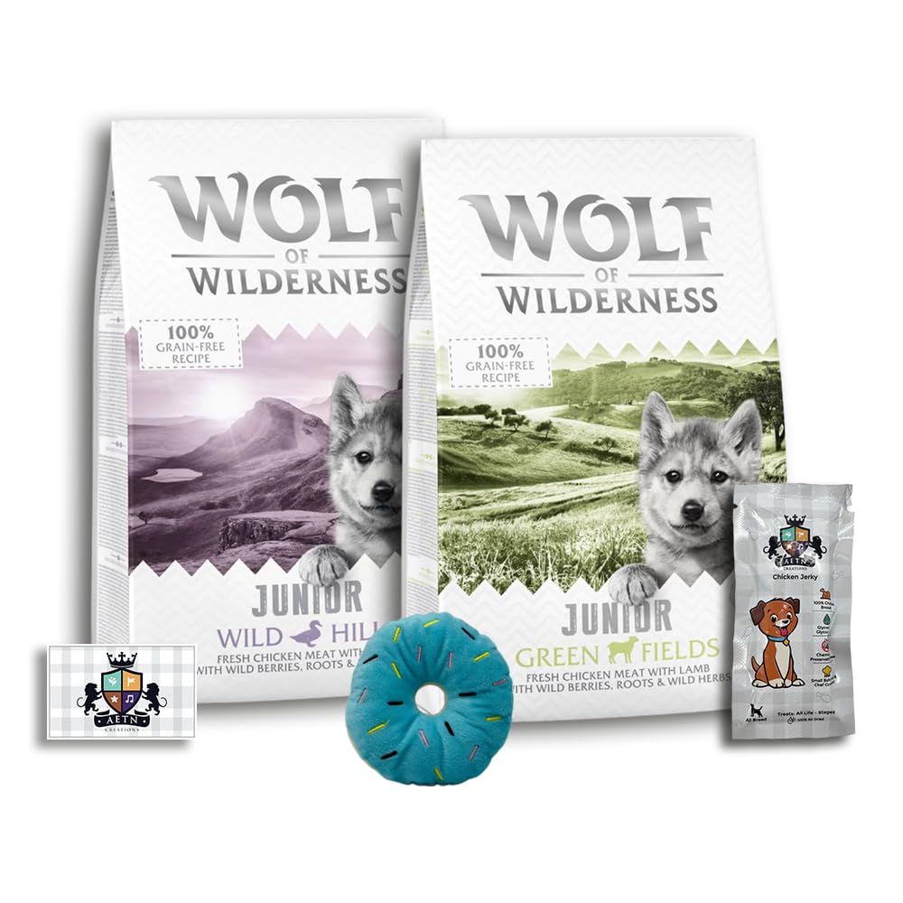 AETN Creations Junior Wolf of Wilderness Bundle 2 x 1kg in Duck and Lamb Grain-Free Puppy Food with AETN Jerky Dog Treat and Plush Doughnut Toy