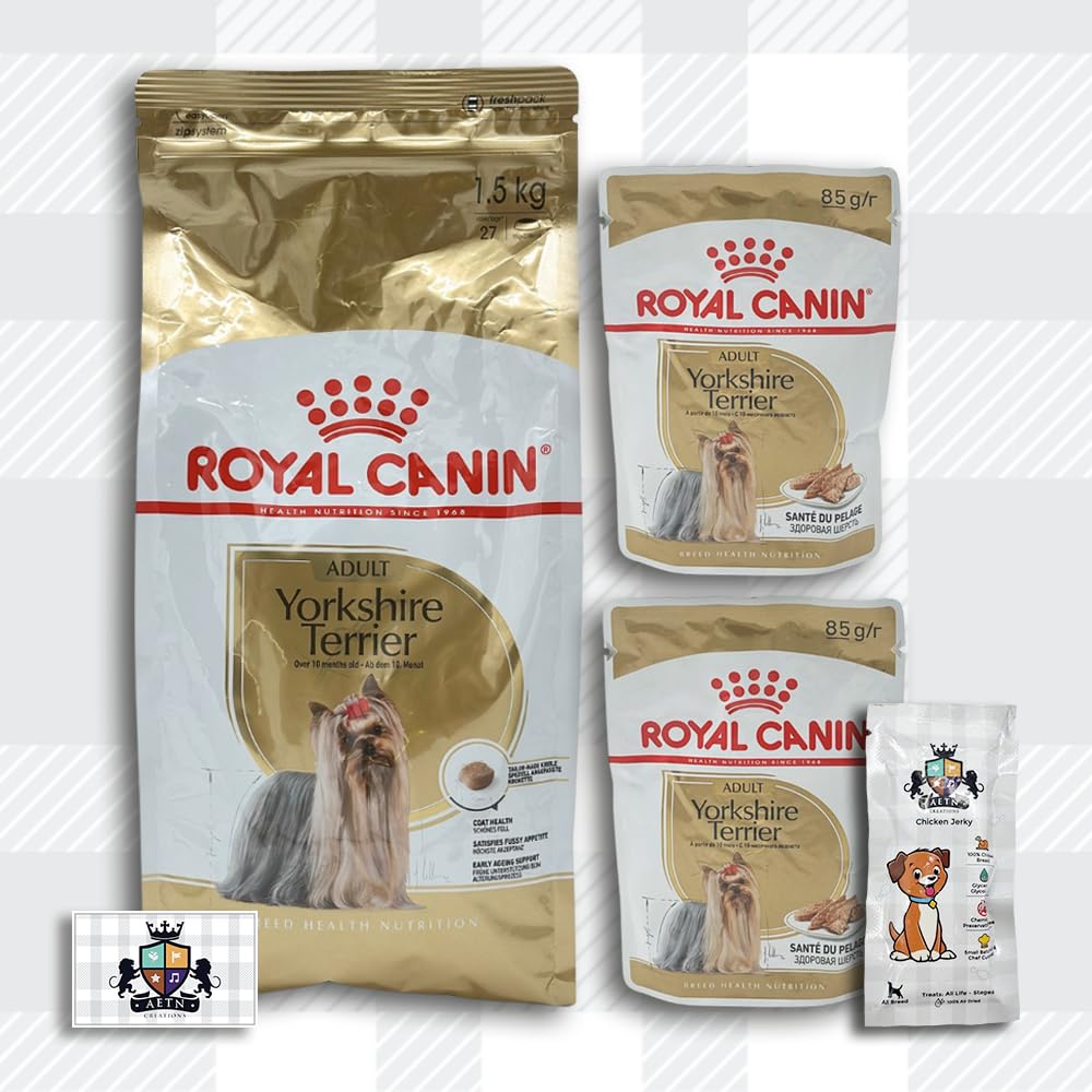 AETN Creations Complete Yorkshire Terrier Care Bundle 1.5kg Dry Dog Food + 2x85g Wet Pouches with AETN Jerky Dog Treat