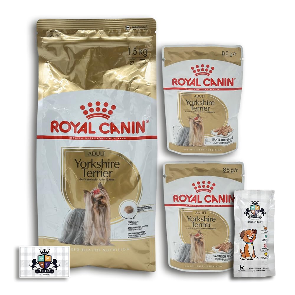 AETN Creations Complete Yorkshire Terrier Care Bundle 1.5kg Dry Dog Food + 2x85g Wet Pouches with AETN Jerky Dog Treat