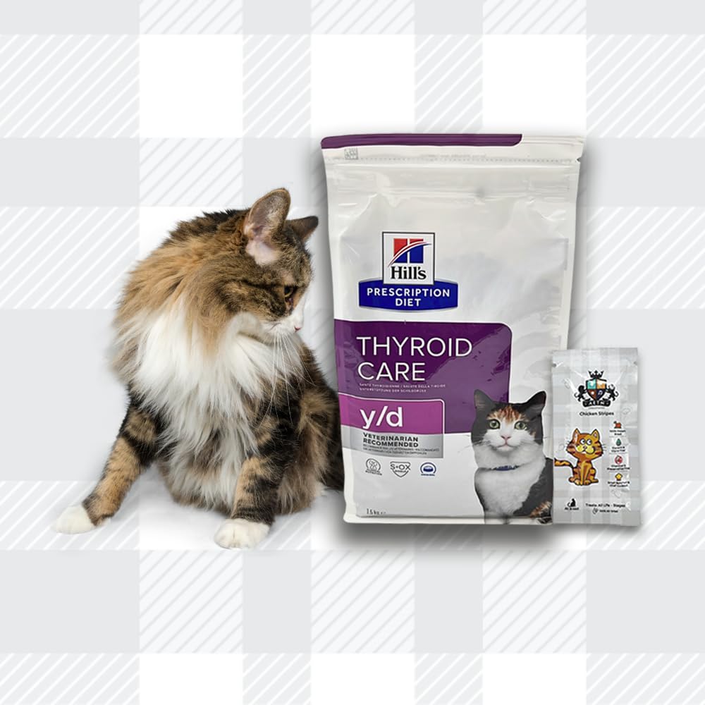 AETN Creations Y/D Thyroid Care Bundle 1.5kg Dry Cat Food plus AETN Creations Chicken Cat Treat, Dietetic Dry Food for Cats with Thyroid Problems