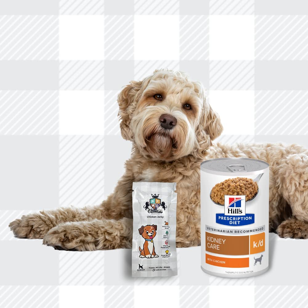 AETN Creations Hills Prescription Diet k/d Kidney Care Dog Food Wet with Chicken 6x370g and AETN jerky treat