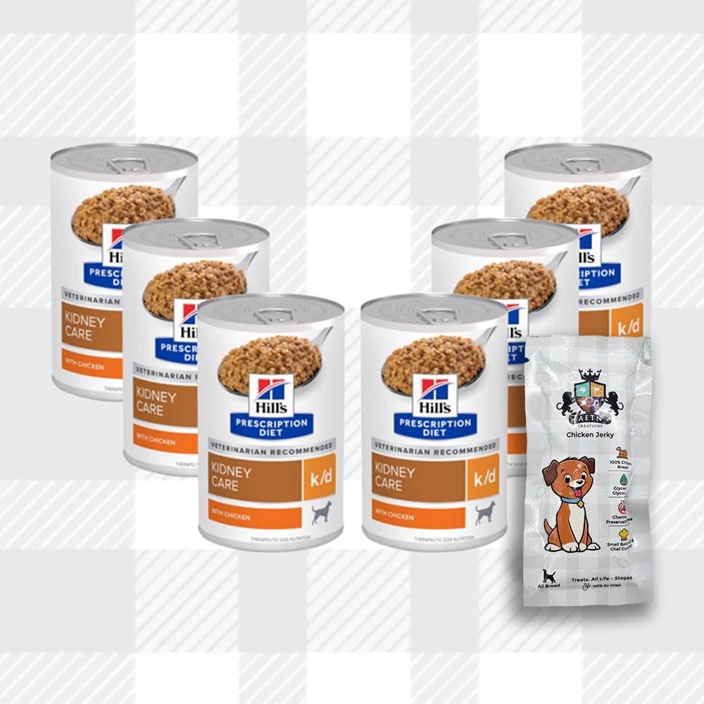 AETN Creations Hills Prescription Diet k/d Kidney Care Dog Food Wet with Chicken 6x370g and AETN jerky treat
