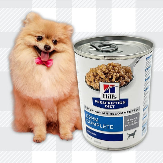 AETN Creations Derm Complete Wet Dog Food 2 Pack Hill’s Prescription Diet 370g plus AETN Jerky Dog Treat, Dietetic Food for Adult Dogs with Skin Sensitivities and Allergies