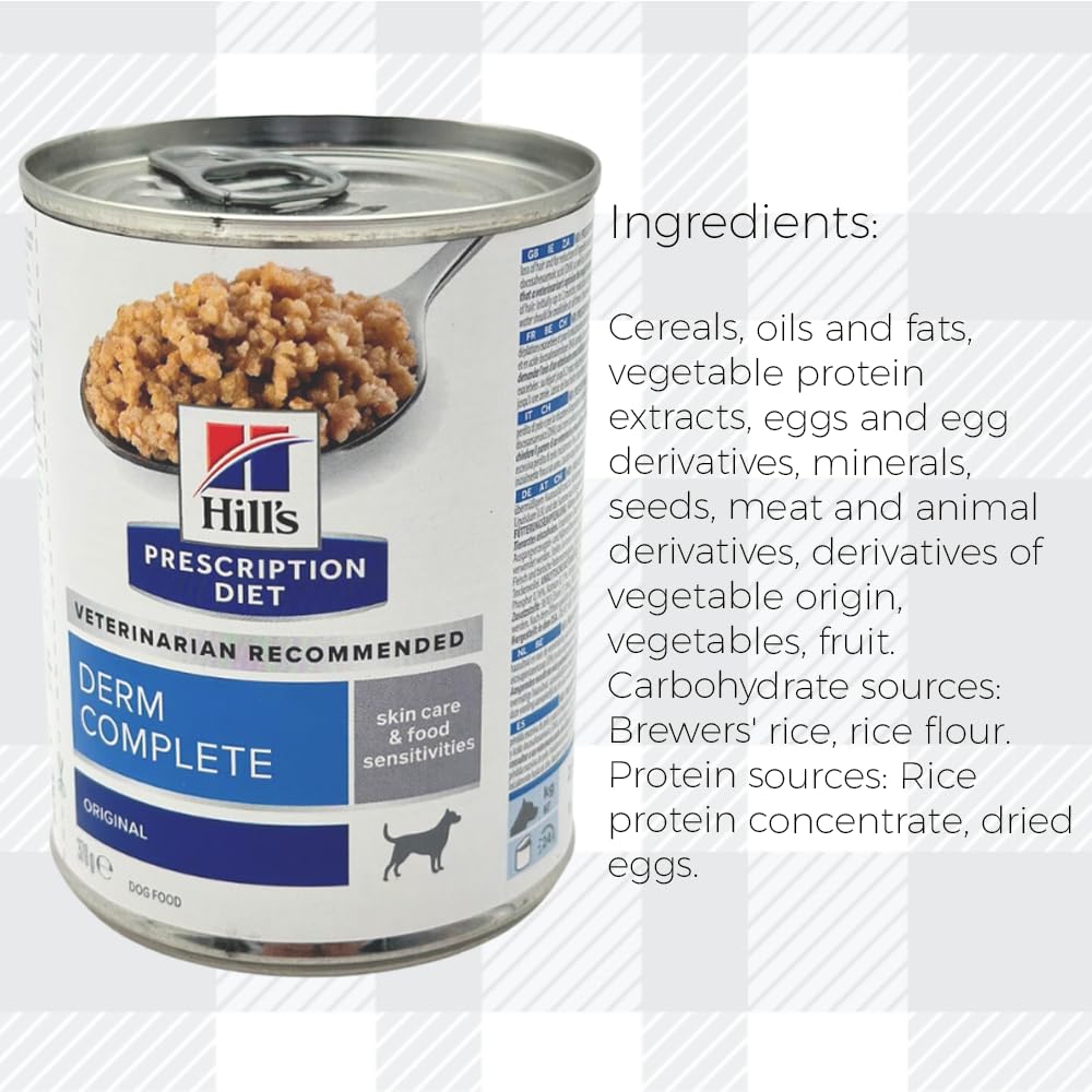 AETN Creations Derm Complete Wet Dog Food 2 Pack Hill’s Prescription Diet 370g plus AETN Jerky Dog Treat, Dietetic Food for Adult Dogs with Skin Sensitivities and Allergies