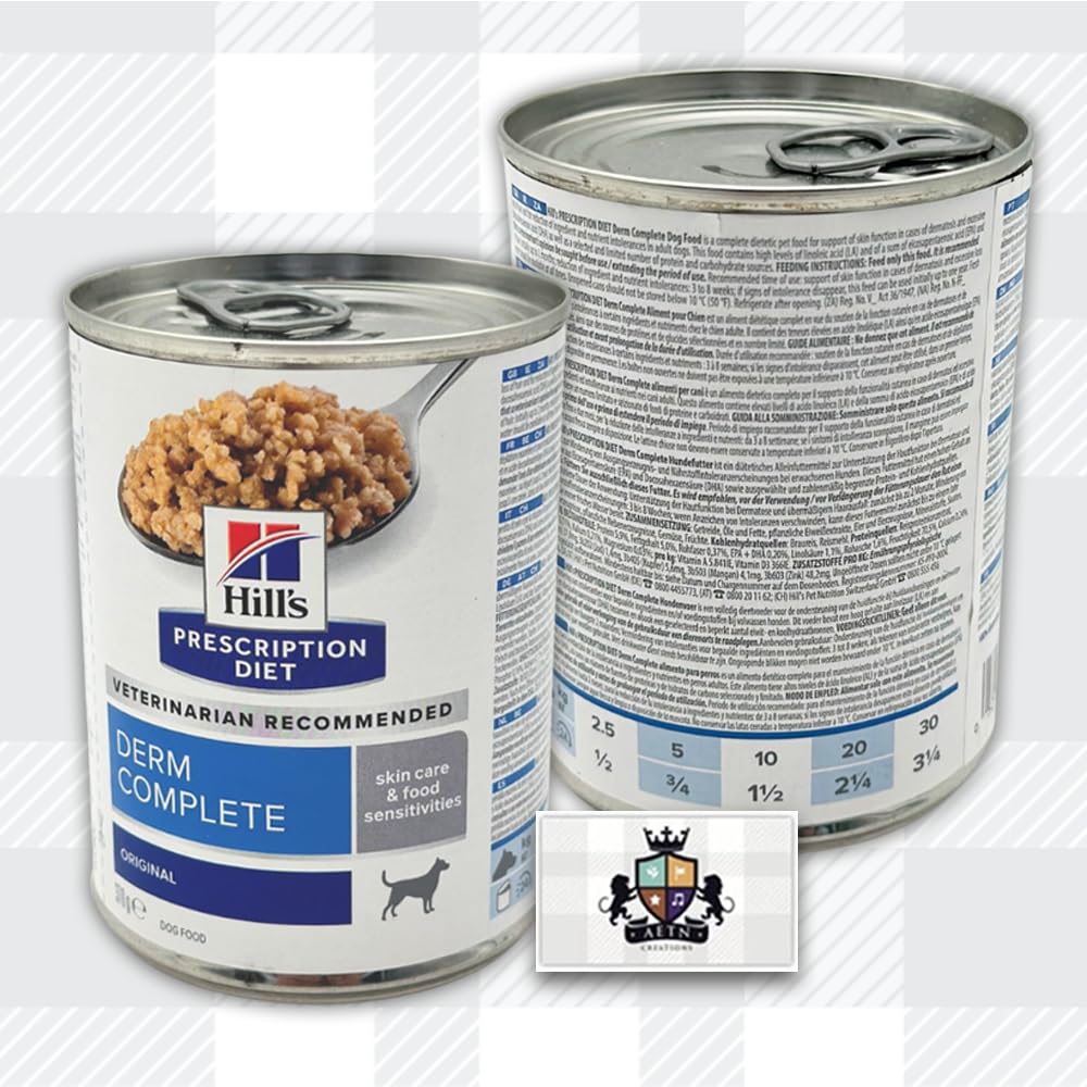 AETN Creations Derm Complete Wet Dog Food 2 Pack Hill’s Prescription Diet 370g plus AETN Jerky Dog Treat, Dietetic Food for Adult Dogs with Skin Sensitivities and Allergies