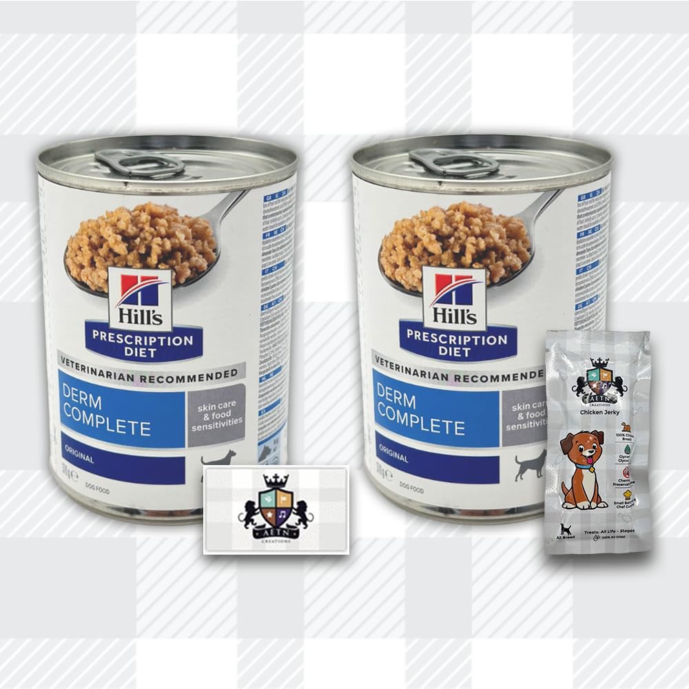 AETN Creations Derm Complete Wet Dog Food 2 Pack Hill’s Prescription Diet 370g plus AETN Jerky Dog Treat, Dietetic Food for Adult Dogs with Skin Sensitivities and Allergies