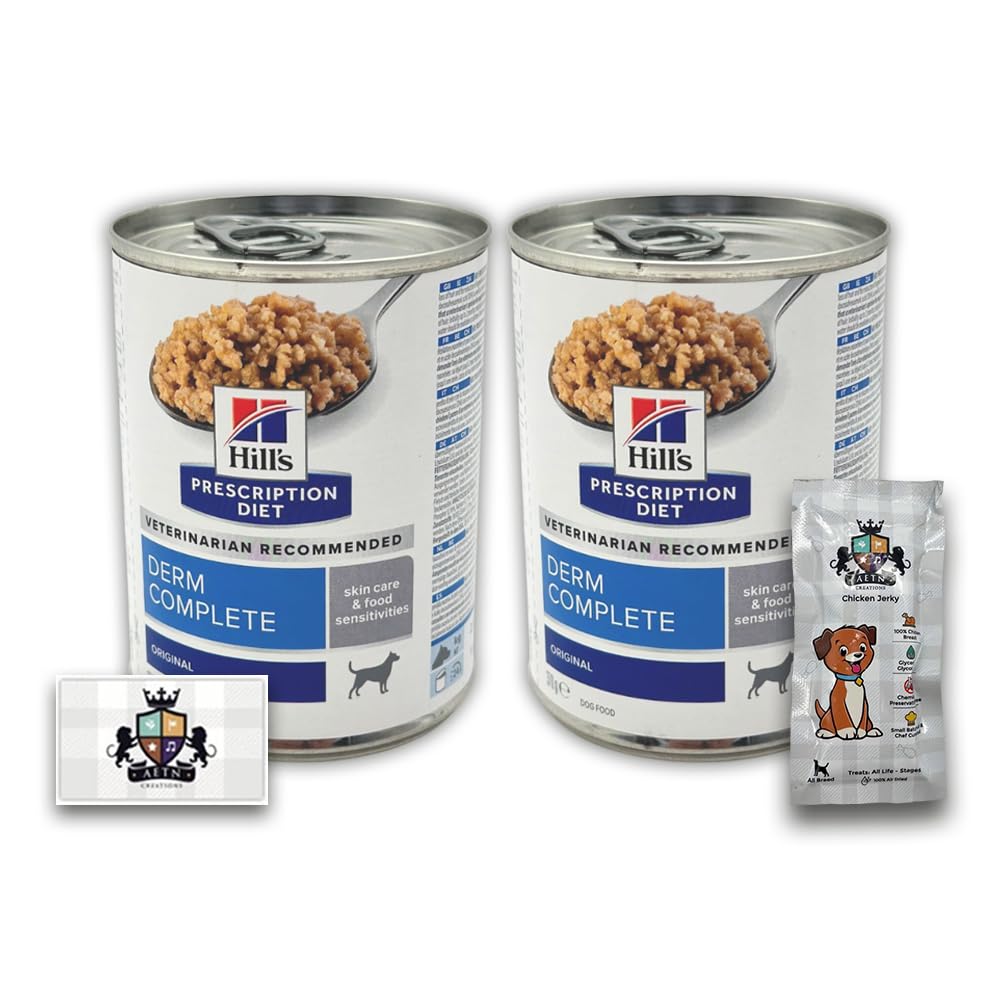 AETN Creations Derm Complete Wet Dog Food 2 Pack Hill’s Prescription Diet 370g plus AETN Jerky Dog Treat, Dietetic Food for Adult Dogs with Skin Sensitivities and Allergies