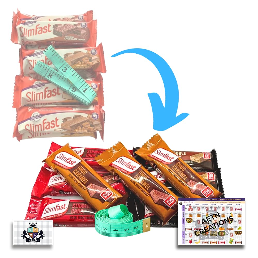 AETN Creations Slim Fast Meal Replacement Diet Snack Bars Ultimate Variety Box 24 Bars Each less than 100 Calories with the AETN waist tape measure