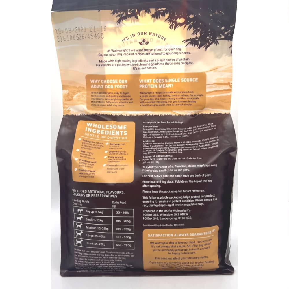 Wainwright's Adult Complete Turkey With Rice 2KG Hypoallergenic & Wheat Free Dry Dog Food Combined With Wainwrights Wet Chicken Pouch