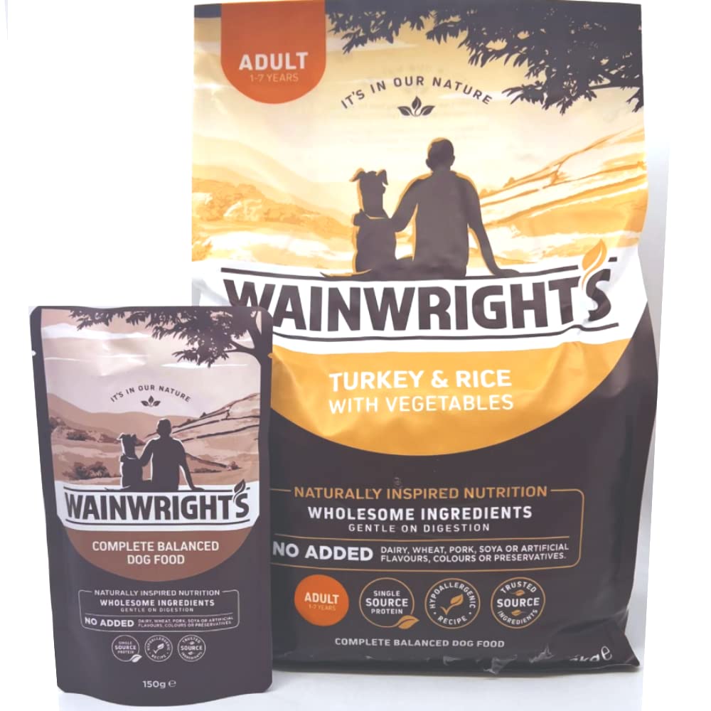 Wainwright's Adult Complete Turkey With Rice 2KG Hypoallergenic & Wheat Free Dry Dog Food Combined With Wainwrights Wet Chicken Pouch