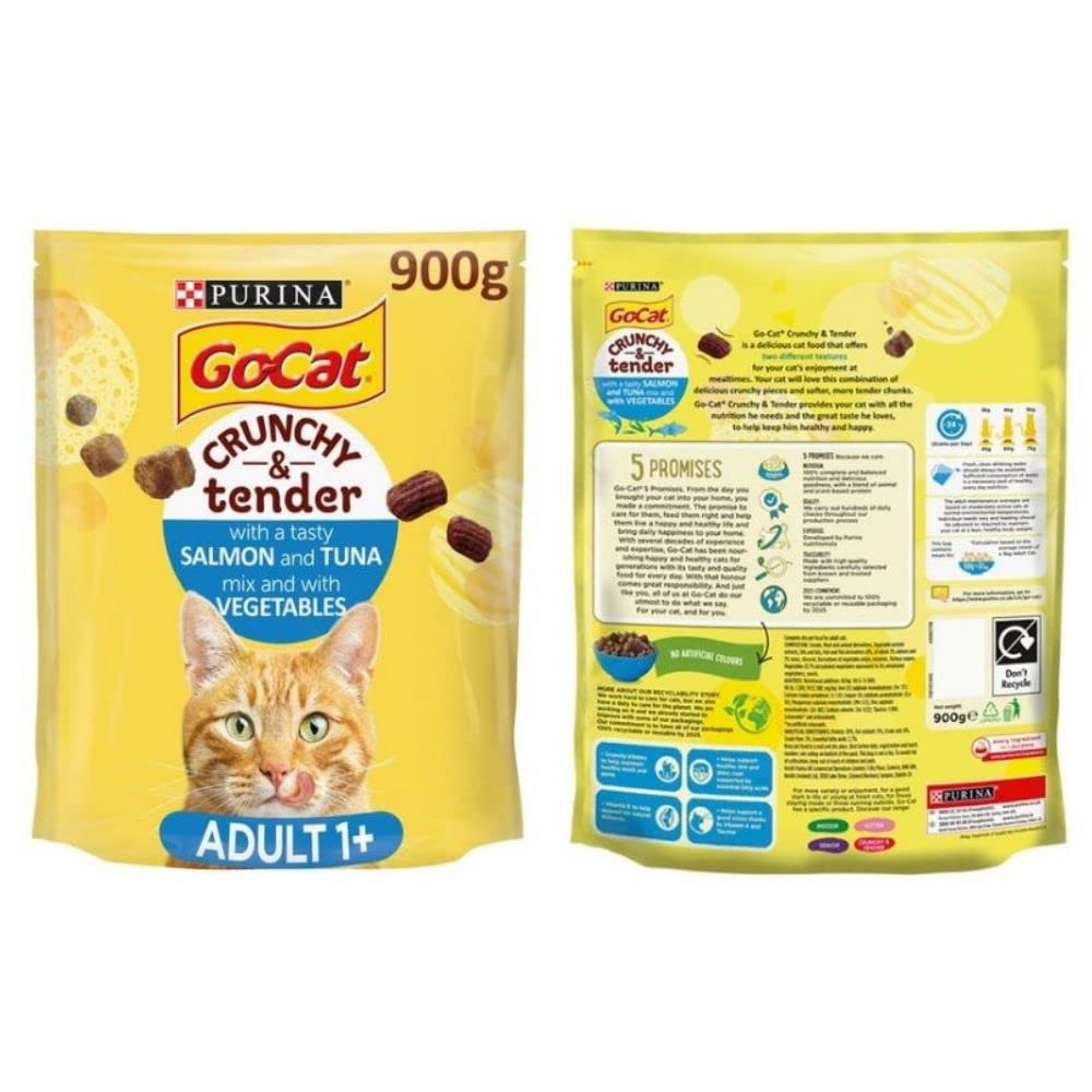 Go-Cat Crunchy & Tender Beef Chicken Vegetable 2x900G And Salmon Tuna Vegetable 2x900G Complete And Balance Adult Dry Cat Food Made Ingredients