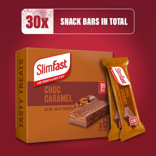 SlimFast Snack Bar, Low Calorie Snack, Choc Caramel Flavour, 30 x 26 g Multipack (Packing may vary)