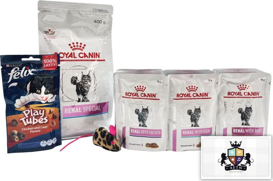 Renal Cat Food Bundle Of 400g Dry Biscuits With Wet Pouches In Beef, Salmon, Chicken Flavour Combined Felix Treat And Toy Plus AETN Creations Fridge Magnet Mixed Pack Support Urinary Health