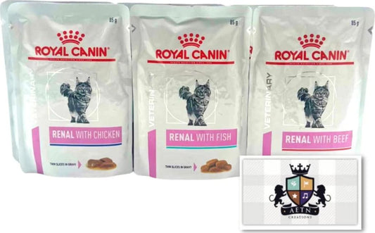 Renal Cat Mix Wet Food Bundle Pack 6x85g Pouches In Beef, Salmon, Chicken Flavour Gravy And AETN Creations Fridge Magnet Mixed Feed For Felines With Chronic Kidney Disease